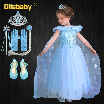 Kızlar Kraliçe Elsa Prenses Elbise Çocuklar Açık Mavi Pullu Tül Balo doğum günü partisi elbisesi Kar Tanesi Pelerin Fantasia Elsa