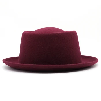 Moda Düz Renk 100 % Yün Keçe Domuz Pasta Şapka için Kadın / Erkek Kavisli Ağız Ezilebilir Yün Şapka Fedora