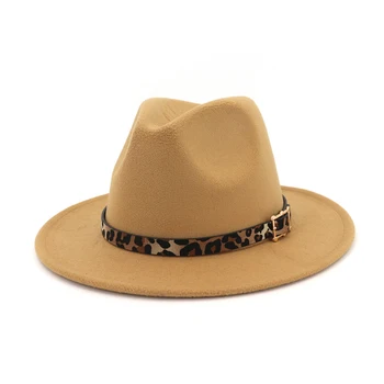 Leopar Kemer Dekor fötr şapkalar Kadın Erkek Açık Geniş Ağız Caz silindir şapka Parti Performans Fötr Panama Kap Sombreros De Mujer