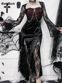 Goth Koyu Zarif Alışveriş Merkezi Gotik Kadın Abiye Grunge Estetik E-kız Kadife Midi Elbise Dantel Splice Seksi Bölünmüş Alt Kıyafetler