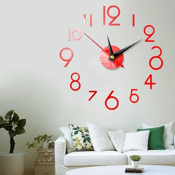 Duvar Saati Sticker 3D DIY Asılı Saat Çıkartması Kendinden Yapışkanlı Dekorasyon Duvar Saati Sticker, Kırmızı