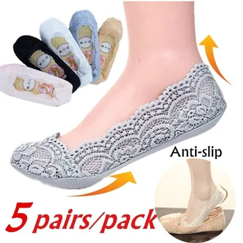 5 pairs Bir Paket Kadın Moda Pamuk Görünmez kaymaz Ayak Bileği Çorap Dantel Çorap Kadın Görünmez Çorap Kızlar No Show Çorap kaymaz