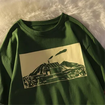 Vintage %100 % Pamuk Baskı T Shirt Yaz Kadın Tshirt Harajuku Estetik Yeşil Kısa Kollu Büyük Boy Tee Kadın Üst Gençler İçin