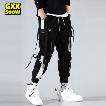 Hip Hop Patchwork Joggers Pantolon Erkekler Şeritler Kargo Pantolon Parça Taktik Rahat Moda Elastik Bel Streetwear Pantolon