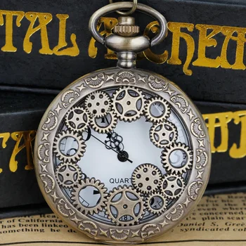 Steampunk Vintage içi boş dişli kuvars cep saatleri kolye kolye kadın erkek hediyeler Fob saatler