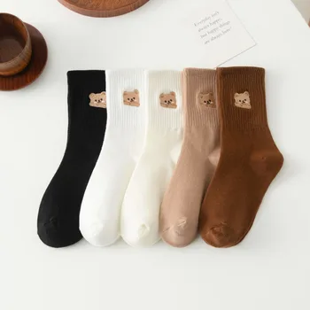 Ayı İşlemeli Çorap Bayan Tüp Çorap Sonbahar ve Kış Japon Pamuk Sevimli Karikatür Kawaii Nefes Ter Emici Çorap