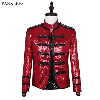 Erkek Kırmızı Pullu Steampunk Askeri Ceket Kruvaze Punk Gotik Geçit Takım Elbise Ceket Erkekler Parti Şarkıcı Gösterisi Balo Kostüm 3XL