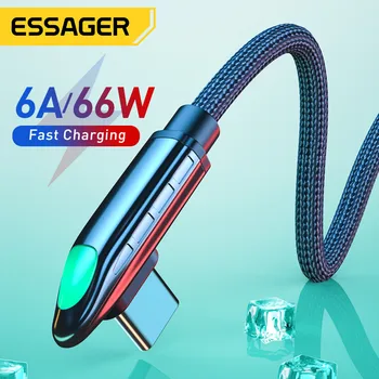 Essager 6A 66W USB Tipi C Kablosu İçin Huawei Mate 40 Pro Samsung LED 5A Hızlı Şarj USB-C USB C Şarj Cihazı 90 Derece Kablo Veri Kablosu