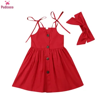 Kırmızı Sarı yaz elbisesi Çocuk bebek kıyafetleri Bebek Kız Prenses Sapanlar Elbise + Kafa Bandı Parti Pageant Kolsuz Sundress