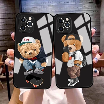 Komik Moda marka spor ayı Telefon Kapak iPhone 11 12 13 14 Pro Max 13Mini 14 Artı Lüks Siyah Temperli Cam tampon Durumda