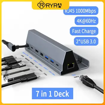 RYRA 7 İn 1 USB 3.0 4K 60Hz Tip C Hub 7 Port RJ45 1000Mbps PD 100W USB C Şarj Standı Tutucu Buhar Güverte Yerleştirme İstasyonu
