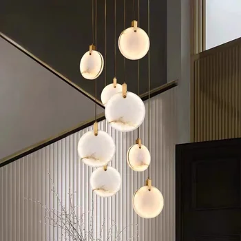 Modern led mermer tavan avize merdiven oturma odası iç aydınlatma basit yuvarlak kristal lamba villa uzun lambalar