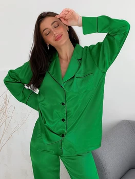 Hiloc Tam Kollu Saten Pijama Kadın Pantolon Setleri Yeşil Cep Yaka kadın Pijama 2023 Pembe Tek Göğüslü Pantolon Takım Elbise