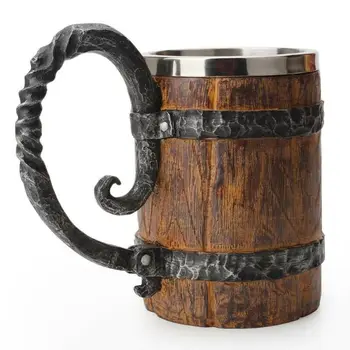 Viking Ahşap Tarzı bira kupası Simülasyon Ahşap Varil Bira Bardağı Çift Duvar Içme Kupa Yaratıcı Kişilik Metal Yalıtımlı Kupalar
