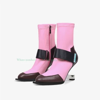2023 Çorap kadın Elastik Çizmeler Metal Yüksek Topuk Küçük Kare Ayak Moda Tasarım Renk Eşleştirme kısa Çizmeler Yan Fermuar