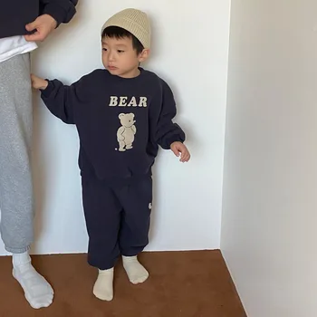 Moda Mektup Ayı Baskı Bebek Uzun Kollu Giyim Seti Bahar Yeni Çocuk Kazak + Pantolon 2 adet Set Gevşek Çocuk günlük giysi