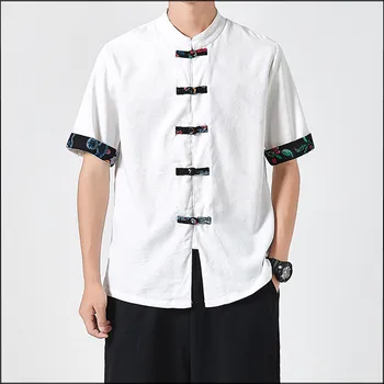 Japon Vintage Casual Yeni Gömlek Erkekler Standı Kısa Kollu Üstleri Kimono Baskılı Patchwork Yaz Çin Tarzı Gömlek Erkekler Streetwear